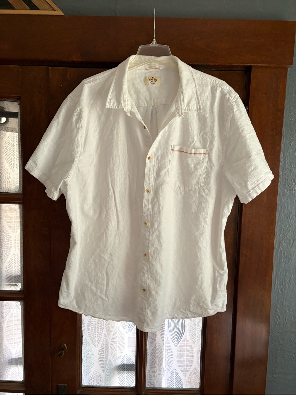 Marine Layer Stretch Selvage Short Sleeve Shirt Cotton in Natural Ivory XXL - Picture 8 of 14